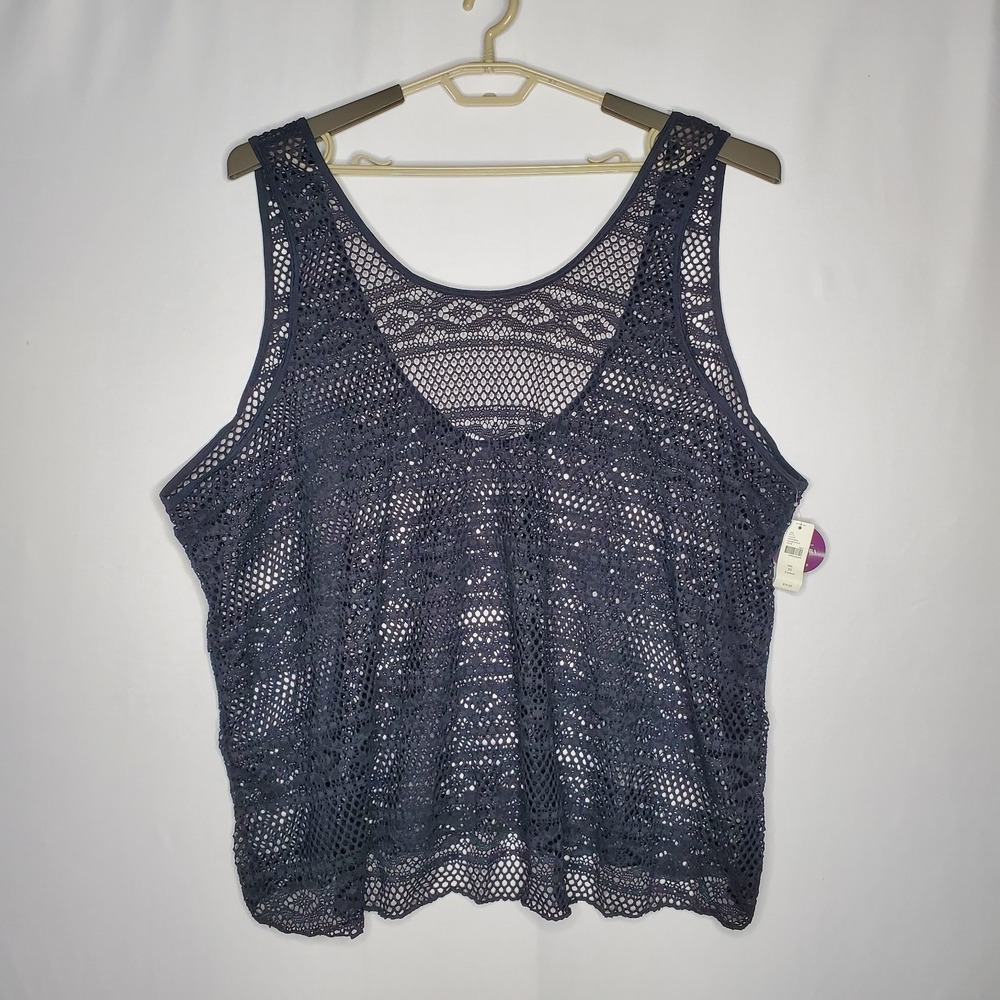 Cacique‎ Crochet Lace Tank Top Women 22 Black Sheer Beachy Swim Festival Goth